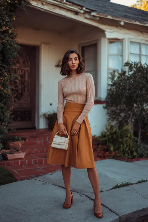 A woman wearing a retro-inspired knit top tucked into a high-waisted A-line skirt, styled with block heels and a structured bag, standing in a cozy neighborhood street