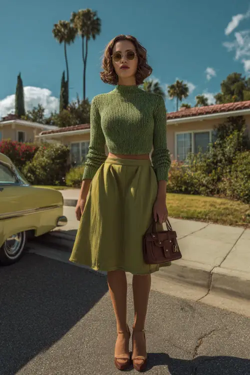 A woman wearing a retro-inspired knit top tucked into a high-waisted A-line skirt, styled with block heels and a structured bag