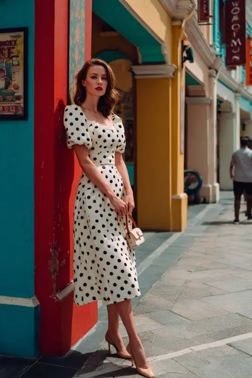 A woman wearing a retro-inspired polka dot midi dress with a fitted waist and flared skirt, styled with classic heels and a small handbag 