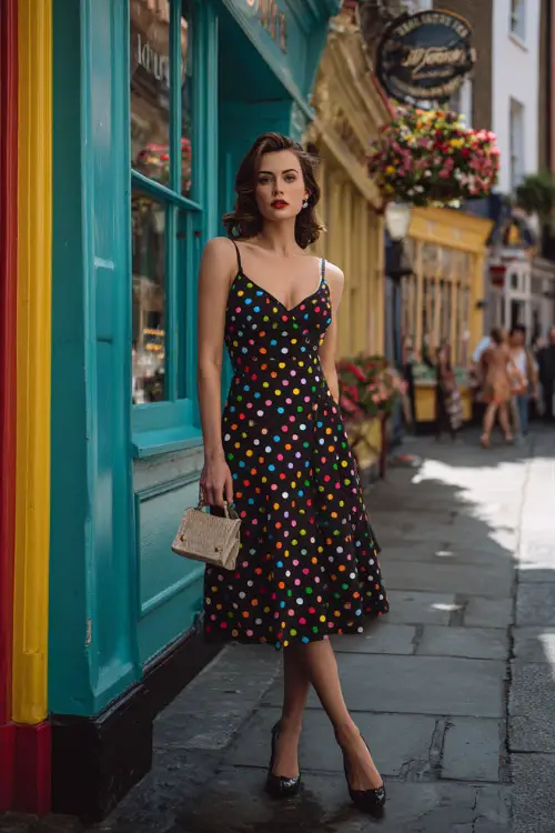 A woman wearing a retro-inspired polka dot midi dress with a fitted waist and flared skirt, styled with classic heels and a small handbag 