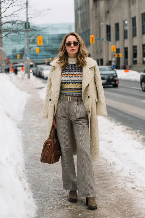 A woman wearing a retro-inspired wool coat layered over a patterned knit sweater and high-waisted trousers, styled with ankle boots and a leather handbag