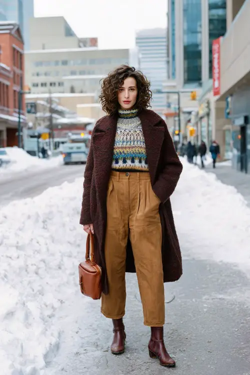 A woman wearing a retro-inspired wool coat layered over a patterned knit sweater and high-waisted trousers, styled with ankle boots and a leather handbag