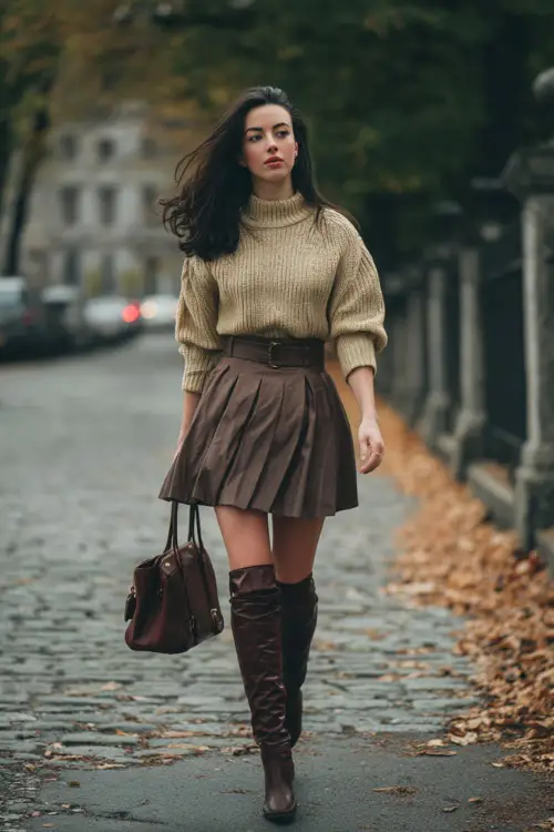 A woman wearing a retro knit sweater tucked into a high-waisted pleated skirt, styled with knee-high boots and a leather handbag, walking along a tree-lined winter street
