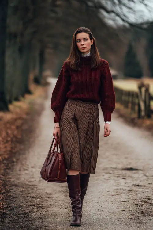 A woman wearing a retro knit sweater tucked into a high-waisted pleated skirt, styled with knee-high boots and a leather handbag