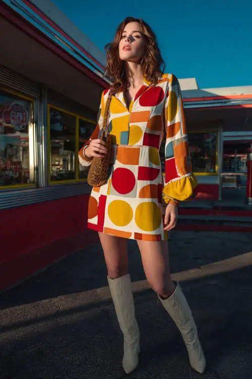 A woman wearing a retro mini dress with bold geometric prints and long sleeves, styled with knee-high boots and a shoulder bag, standing in front of a retro diner 