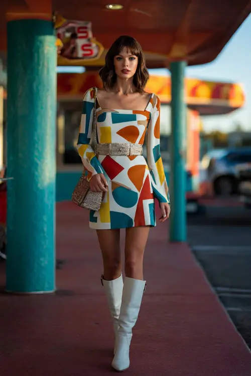 A woman wearing a retro mini dress with bold geometric prints and long sleeves, styled with knee-high boots and a shoulder bag, standing in front of a retro diner