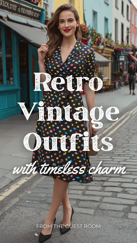 A woman wearing a retro vintage outfit with a polka dot midi dress with a fitted waist and flared skirt, styled with classic heels and a small handbag
