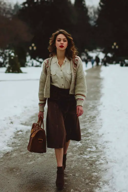 A woman wearing a retro winter cardigan layered over a button-up blouse and midi skirt, styled with ankle boots and a leather bag, walking through a snow-dusted park path