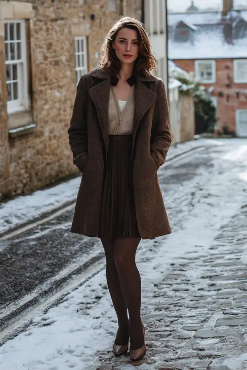A woman wearing a retro wool coat worn over a pleated dress, styled with tights and classic heels, standing on a snow-dusted stone street, full body shot