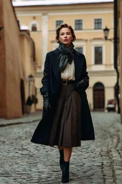 A woman wearing a sophisticated vintage scarf coat layered over a blouse and pleated skirt, styled with heeled boots and leather gloves, walking through an elegant old-town area in winter