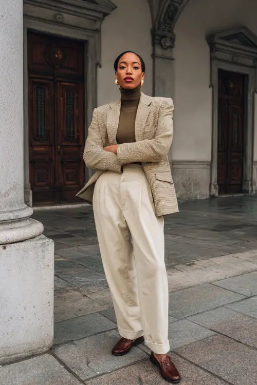 A woman wearing a tailored vintage blazer layered over a turtleneck and straight-leg trousers, styled with leather loafers and minimal accessories 