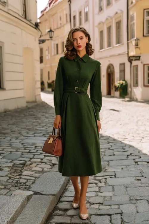 A woman wearing a tailored vintage-style midi dress with a cinched waist, long sleeves, and classic pumps, styled with a structured handbag