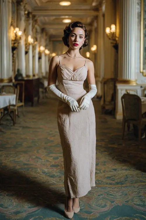 A woman wearing a timeless vintage evening dress with soft pleats and an elegant neckline, styled with gloves and classic pumps, standing in an opulent ballroom setting 