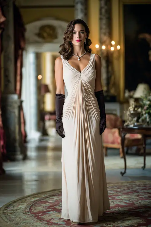A woman wearing a timeless vintage evening dress with soft pleats and an elegant neckline, styled with gloves and classic pumps, standing in an opulent ballroom setting