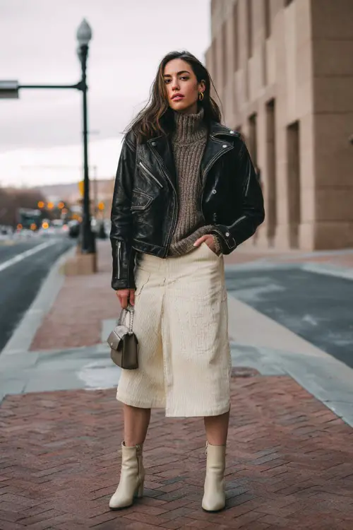 A woman wearing a vintage 90s leather jacket layered over a knit sweater and midi skirt, styled with ankle boots and a small handbag, posed on a city sidewalk in winter
