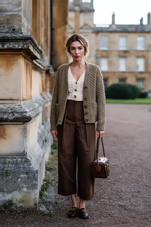 A woman wearing a vintage-inspired cardigan layered over a knit top and wide-leg trousers, styled with loafers and a structured bag, standing near a historic building during winter