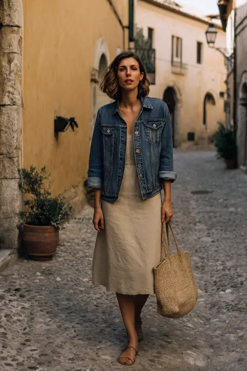 A woman wearing a vintage-inspired denim jacket layered over a simple midi dress, styled with comfortable flats and a tote bag, walking through an old-town street 