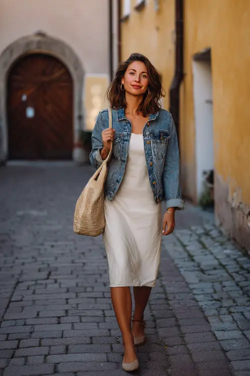 A woman wearing a vintage-inspired denim jacket layered over a simple midi dress, styled with comfortable flats and a tote bag, walking through an old-town street
