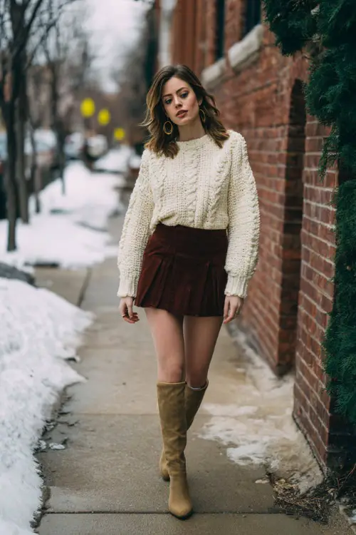 A woman wearing a vintage-inspired knit sweater tucked into a high-waisted A-line skirt, styled with knee-high boots and subtle jewelry, walking along a quiet winter sidewalk