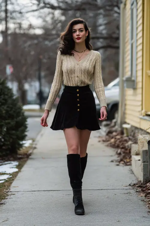 A woman wearing a vintage-inspired knit sweater tucked into a high-waisted A-line skirt, styled with knee-high boots and subtle jewelry, walking along a quiet winter sidewalk