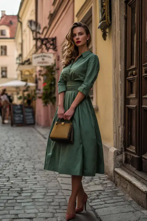 A woman wearing a vintage-inspired midi dress with a cinched waist and flowing skirt, styled with classic heels and a structured handbag, standing on a charming old-town street
