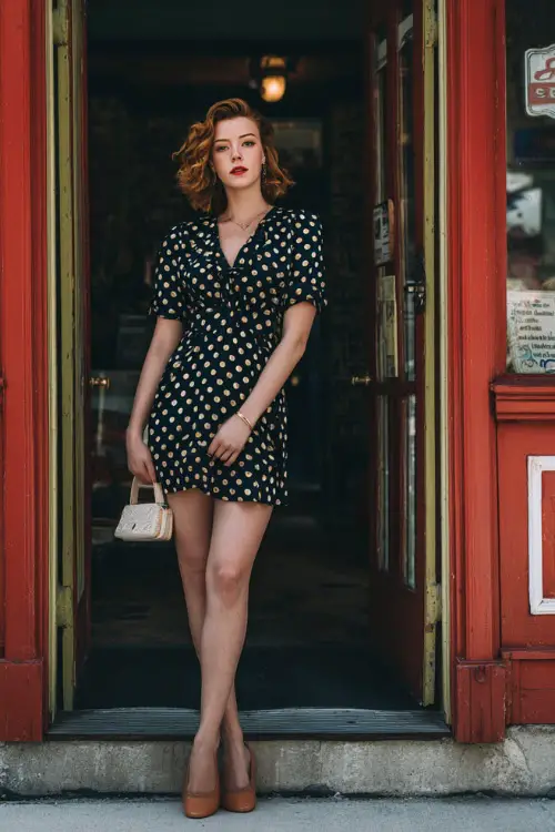 A woman wearing a vintage-inspired polka dot dress with a flattering silhouette, styled with classic heels and a small handbag