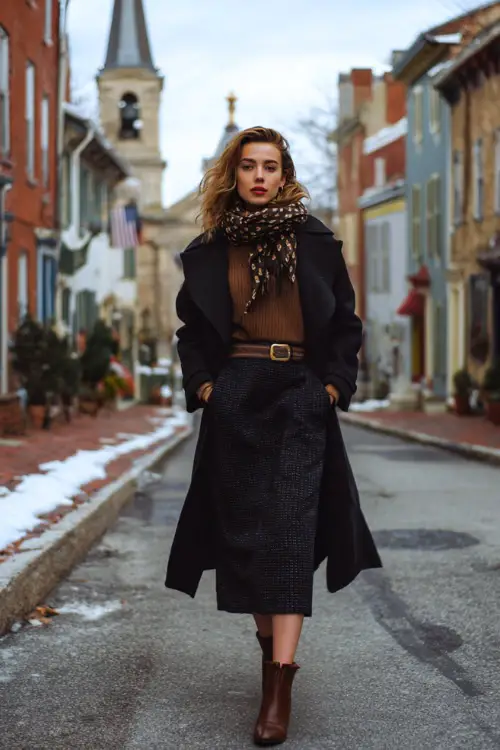A woman wearing a vintage-inspired scarf coat layered over a fitted sweater and midi skirt, styled with ankle boots and a leather belt, walking through a historic neighborhood in winter
