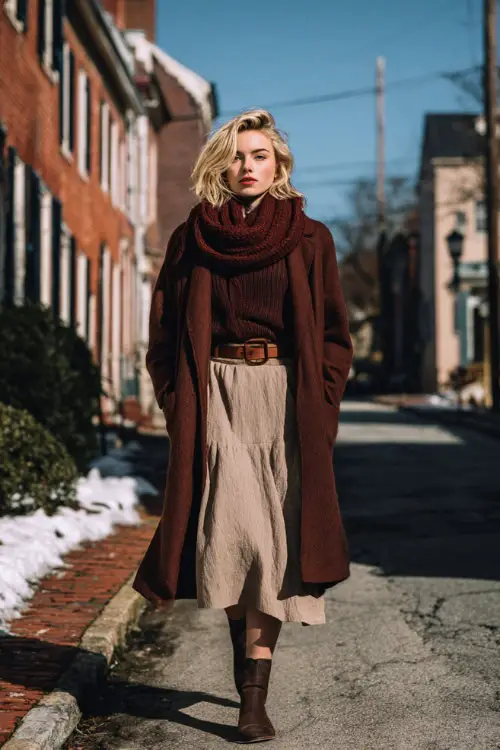 A woman wearing a vintage-inspired scarf coat layered over a fitted sweater and midi skirt, styled with ankle boots and a leather belt, walking through a historic neighborhood in winter 