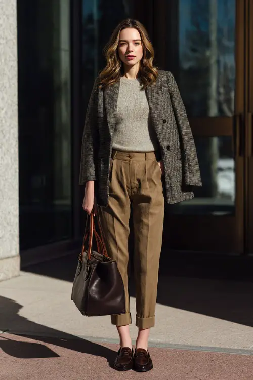 A woman wearing a vintage-inspired wool blazer layered over a fitted knit top and high-waisted trousers, styled with leather loafers and a structured handbag 