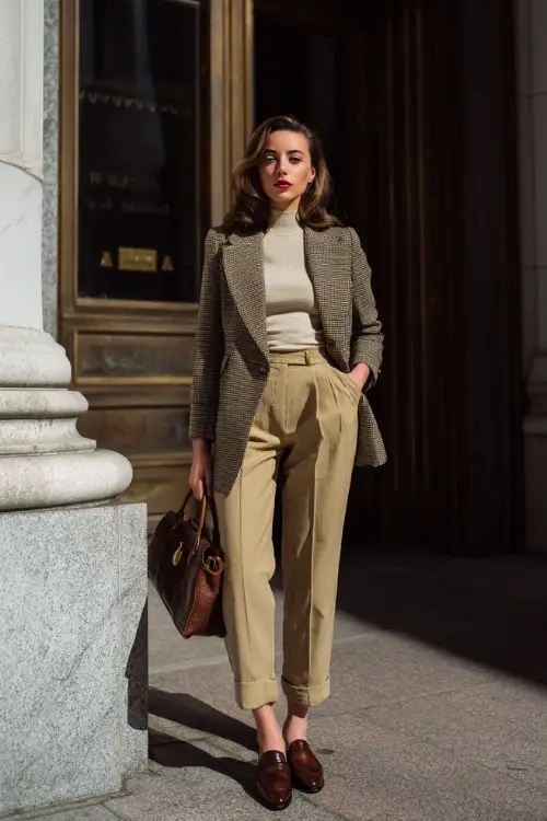 A woman wearing a vintage-inspired wool blazer layered over a fitted knit top and high-waisted trousers, styled with leather loafers and a structured handbag