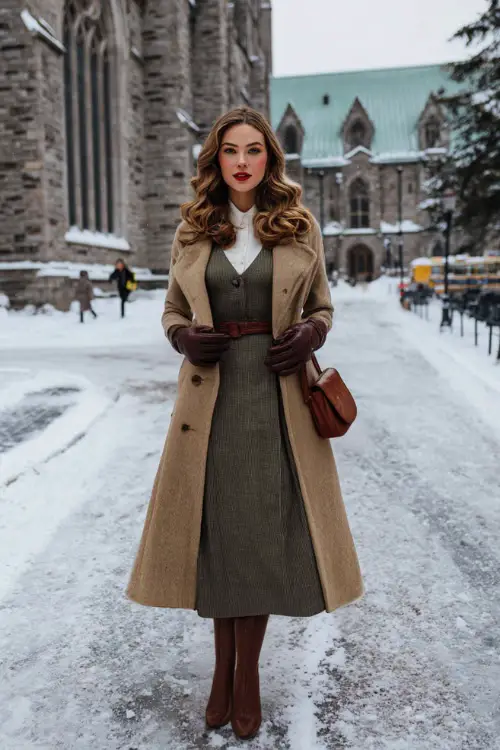 A woman wearing a vintage-inspired wool coat layered over a long-sleeve midi dress, styled with heeled ankle boots and leather gloves, standing on a snowy city street