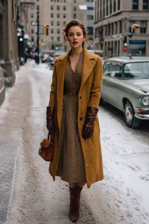 A woman wearing a vintage-inspired wool coat layered over a long-sleeve midi dress, styled with heeled ankle boots and leather gloves