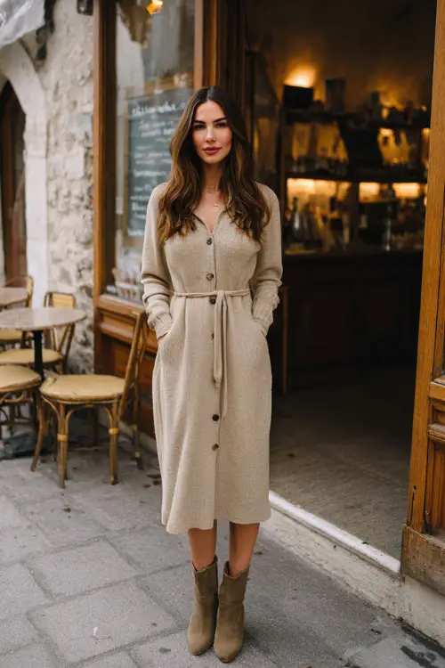 A woman wearing a vintage knit dress with long sleeves and a midi length, styled with ankle boots and minimal accessories, standing outside a cozy café 