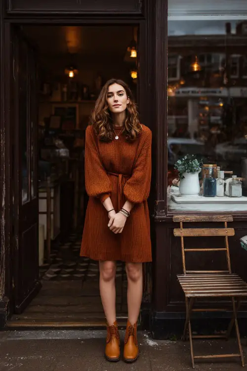 A woman wearing a vintage knit dress with long sleeves and a midi length, styled with ankle boots and minimal accessories, standing outside a cozy café 