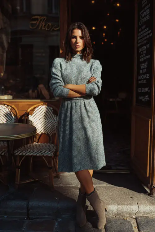 A woman wearing a vintage knit dress with long sleeves and a midi length, styled with ankle boots and minimal accessories, standing outside a cozy café