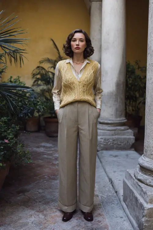 A woman wearing a vintage knit vest layered over a long-sleeve blouse with high-waisted trousers, paired with loafers and minimal jewelry, standing in a classic office courtyard