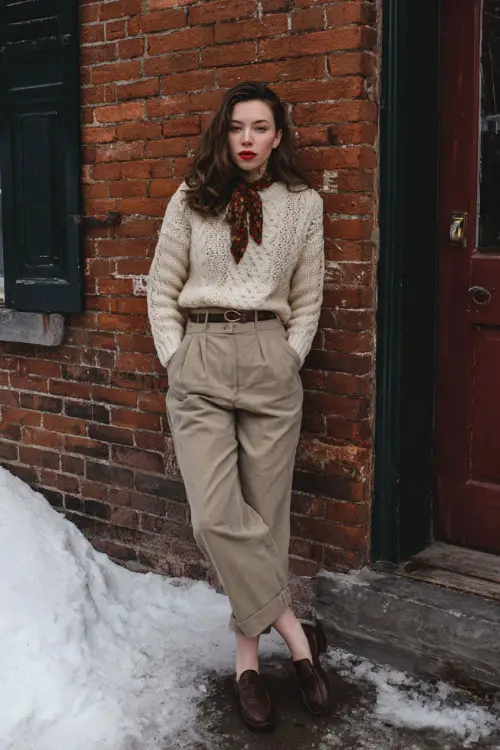 A woman wearing a vintage-style knit sweater paired with high-waisted trousers and loafers, accessorized with a belt and scarf, posed in front of an old brick building in winter