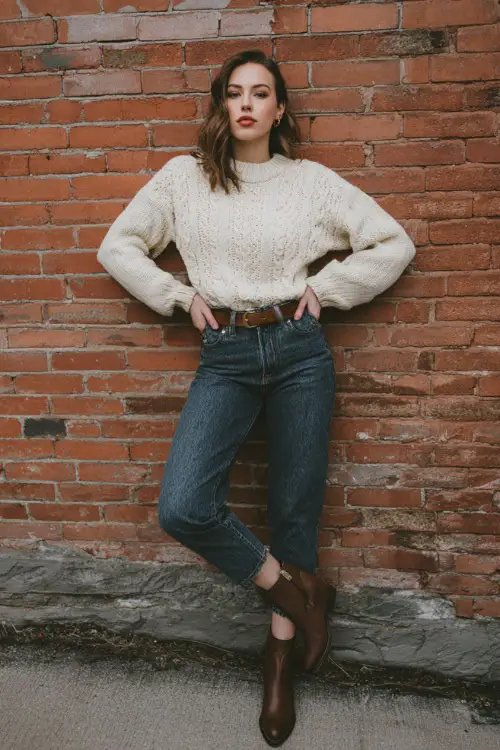 A woman wearing a vintage-style knit sweater tucked into straight-leg jeans, styled with ankle boots and a leather belt, posed near a brick wall in natural light