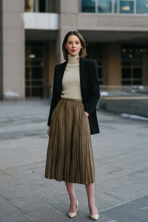 A woman wearing a vintage-style turtleneck tucked into a pleated midi skirt, layered with a structured blazer and finished with low heels