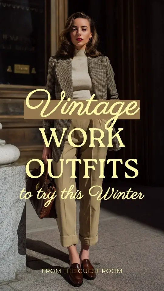 A woman wearing a vintage work outfit with a wool blazer layered over a fitted knit top and high-waisted trousers, with leather loafers and a structured handbag