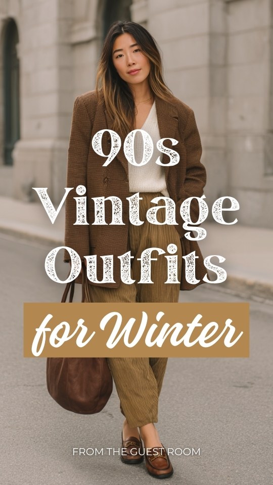 A woman wearing a winter 90s vintage outfit with a blazer layered over a simple knit top and pleated trousers, styled with loafers and a leather tote