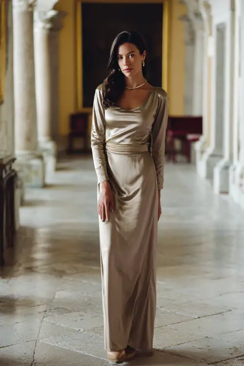 A woman wearing an elegant vintage-inspired floor-length gown with a fitted bodice and long sleeves, styled with classic heels and subtle jewelry