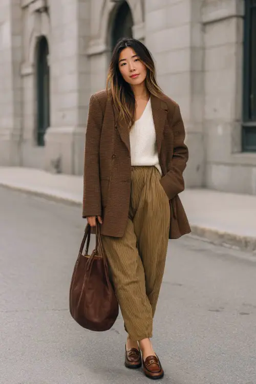 A woman wearing an oversized 90s blazer layered over a simple knit top and pleated trousers, styled with loafers and a leather tote, walking through a business district in winter