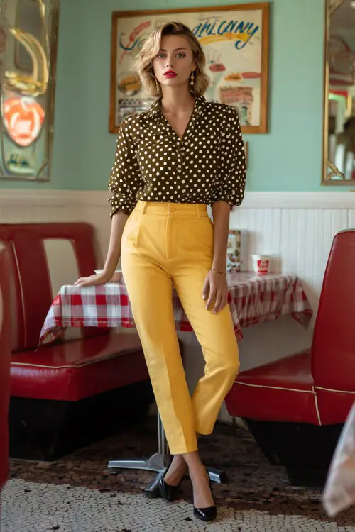 A woman wearing classic 1950s slim-fit pants paired with a tucked-in polka dot blouse and low heels, accessorized with subtle jewelry, standing inside a retro interior setting