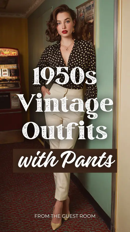 A woman wearing classic 1950s vintage outfit with pants paired with a tucked-in polka dot blouse and low heels