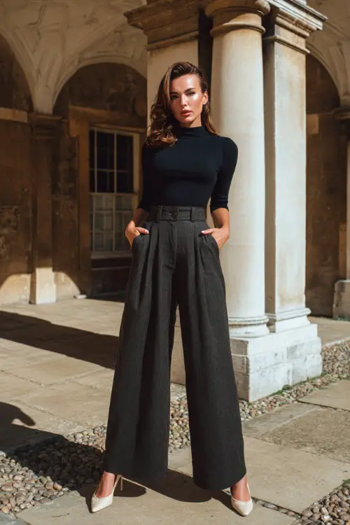 A woman wearing high-waisted wide-leg trousers inspired by the 1950s, styled with a fitted knit top and ballet flats, standing in a sunlit courtyard with classic architecture