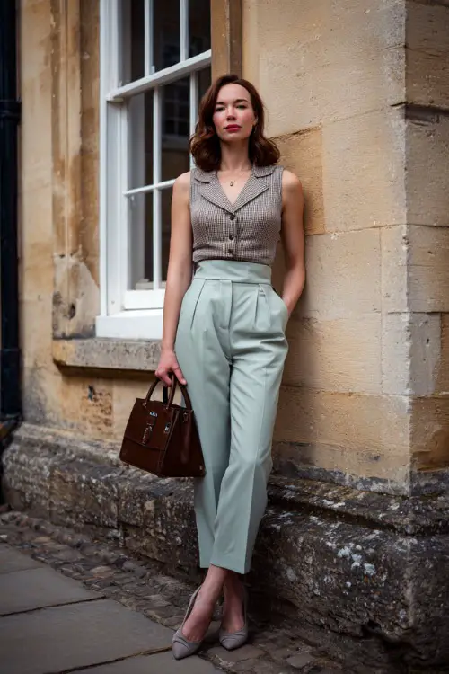 A woman wearing tailored 1950s trousers styled with a sleeveless vintage blouse and ballet flats, accessorized with a structured handbag, standing in an old-town street setting 