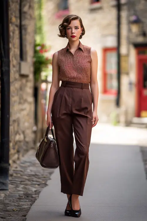 A woman wearing tailored 1950s trousers styled with a sleeveless vintage blouse and ballet flats, accessorized with a structured handbag, standing in an old-town street setting 
