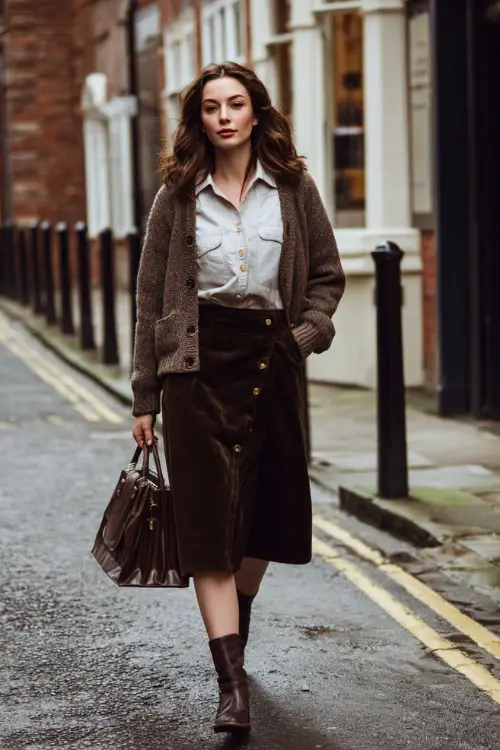woman wearing a classic vintage cardigan layered over a button-up shirt and midi skirt, styled with ankle boots and a leather handbag