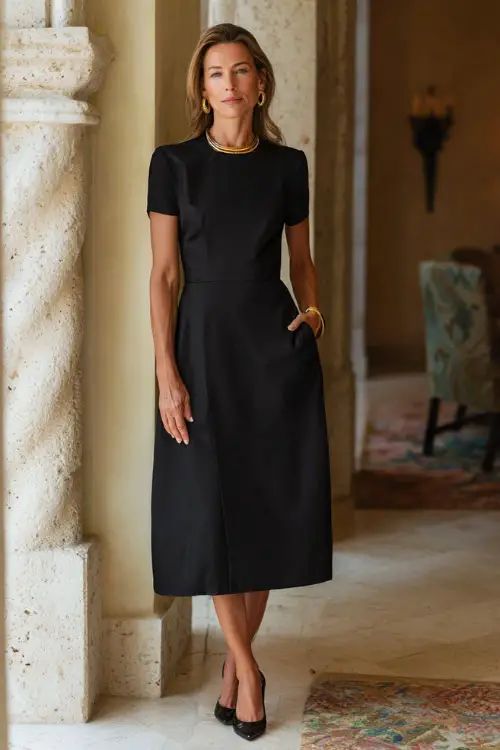 A woman over 40 wearing a black midi dress with clean lines and short sleeves, paired with low block-heel shoes and minimal gold jewelry (